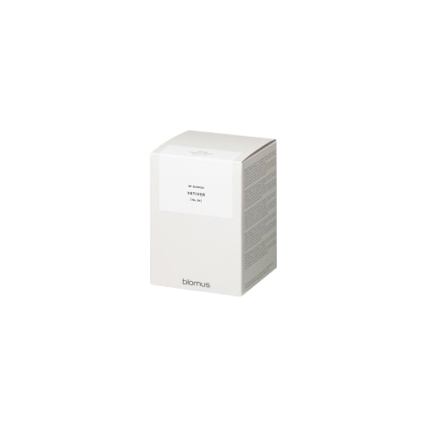 Elegant white packaging of Biomu's Vetiver scented product, showcasing modern design.