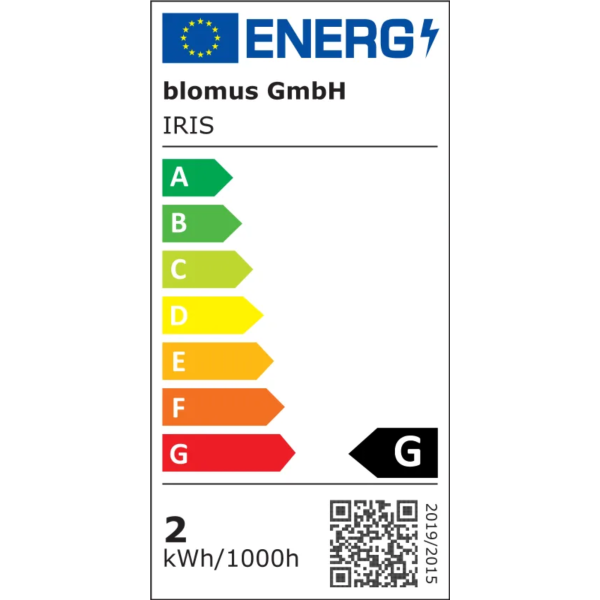 Energy label showing classification for Blomus GmbH IRIS product, rated G for efficiency.