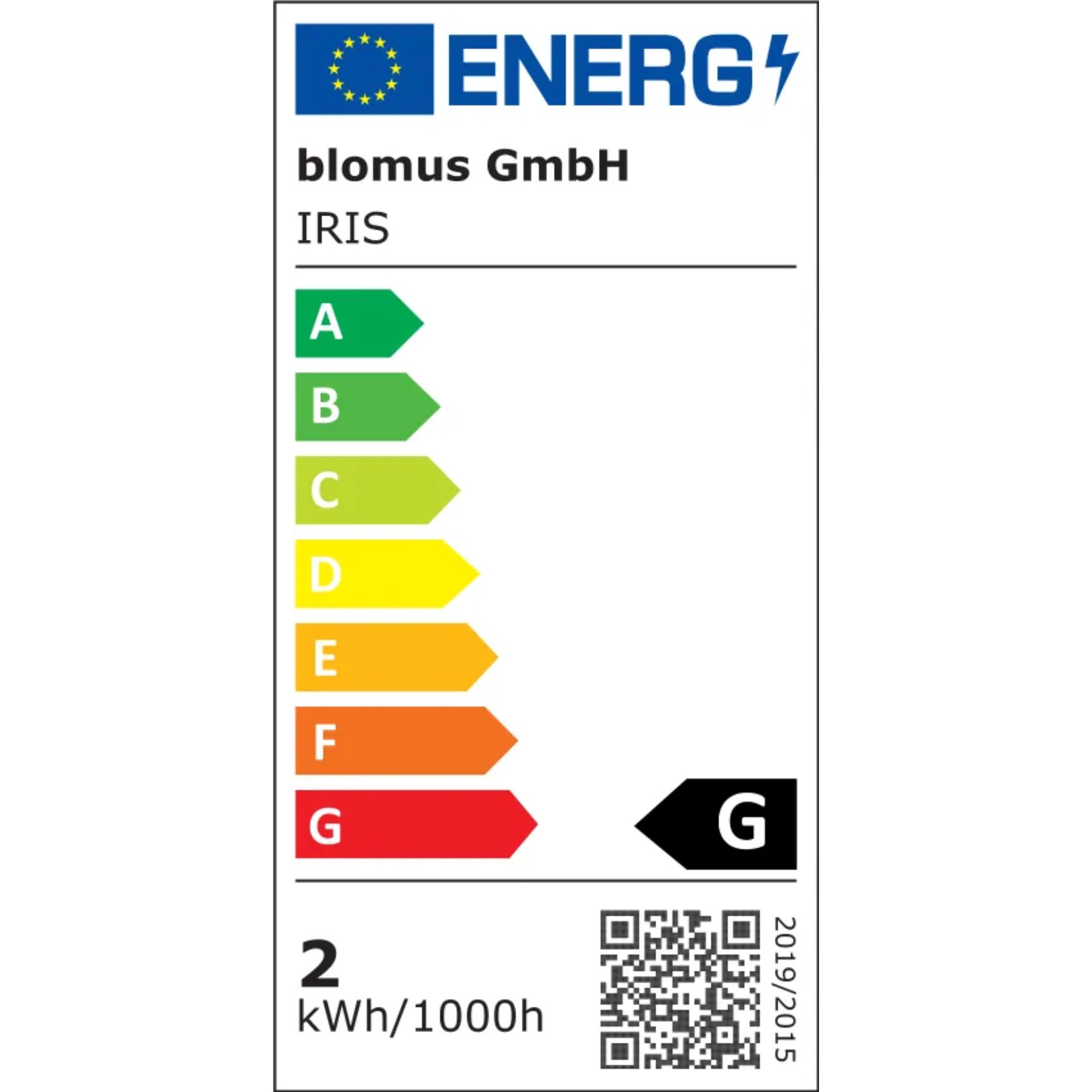 Energy label showing classification for Blomus GmbH IRIS product, rated G for efficiency.