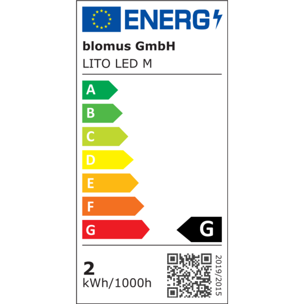 Energieeffizienzlabel für blomus GmbH LITO LED M, bewertet mit G und einem Verbrauch von 2 kWh/1000h.