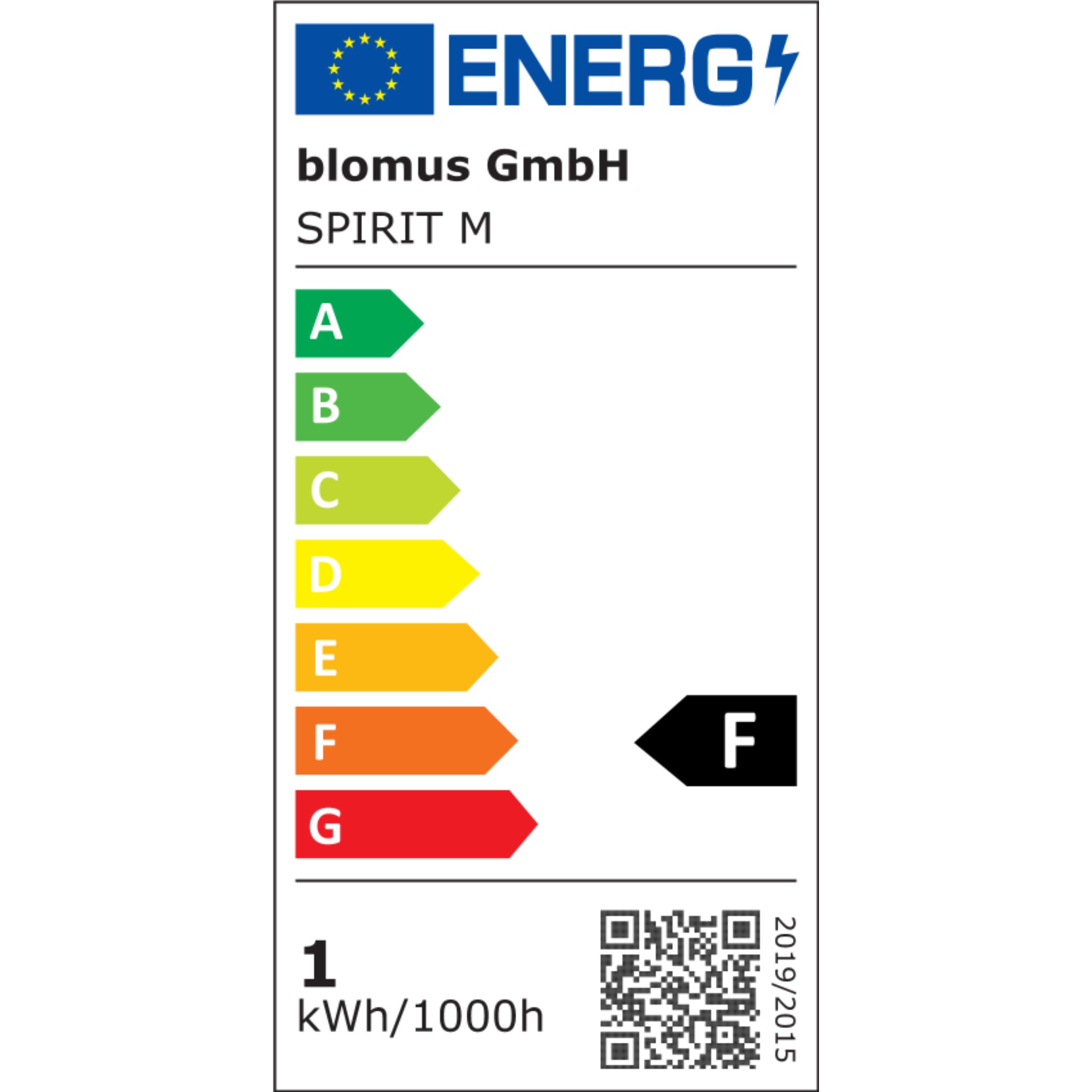 Energielabel für Blomus GmbH Spirit M, das eine Energieeffizienzbewertung von F anzeigt.