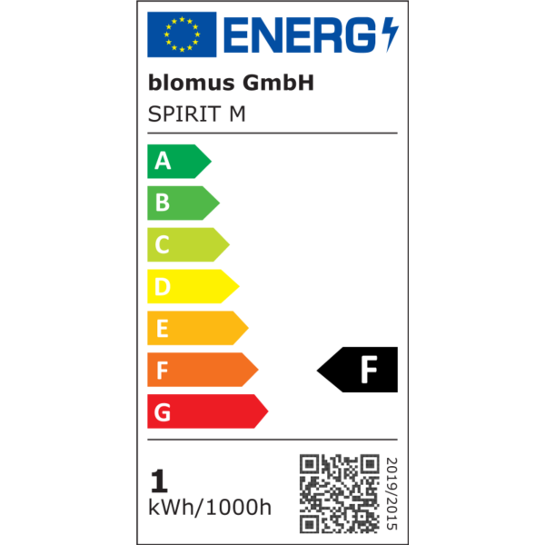 Energy label for Blomus GmbH Spirit M indicating an efficiency rating of F.