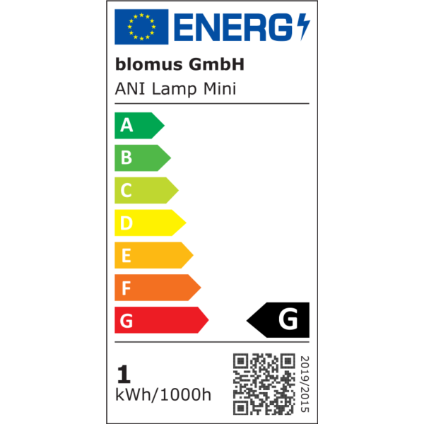 Energieetikett für die blomus GmbH ANI Lampe Mini mit Effizienzbewertung und Verbrauchsdaten.