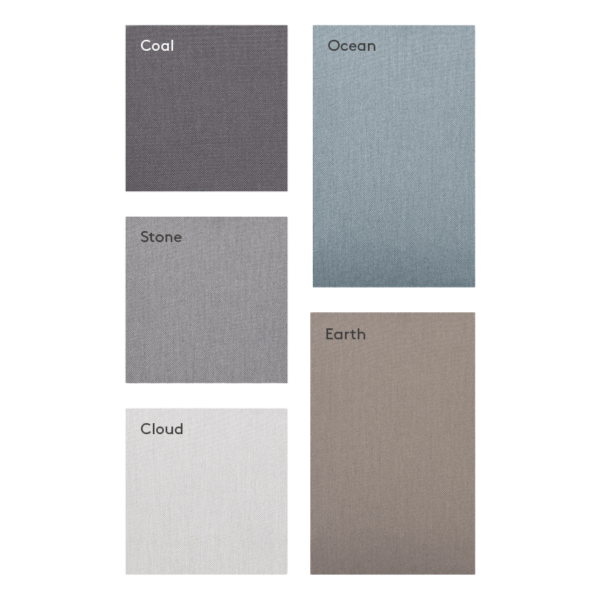 Five fabric swatches labeled Coal, Ocean, Stone, Earth, and Cloud in varied colors.