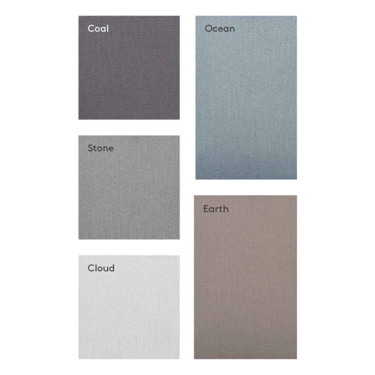 Five fabric swatches labeled Coal, Ocean, Stone, Earth, and Cloud in varied colors.