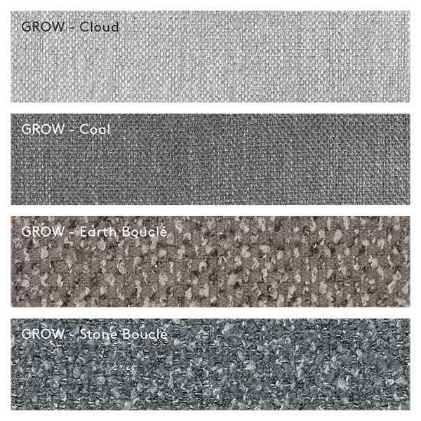 Fabric swatches of GROW collection in Cloud, Coal, Earth Bouclé, and Stone colors.