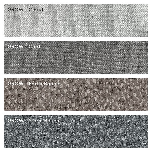 Fabric swatches of GROW collection in Cloud, Coal, Earth Bouclé, and Stone colors.