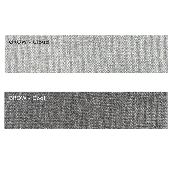 Textured fabric swatches in gray tones labeled GROW - Cloud and GROW - Coal.