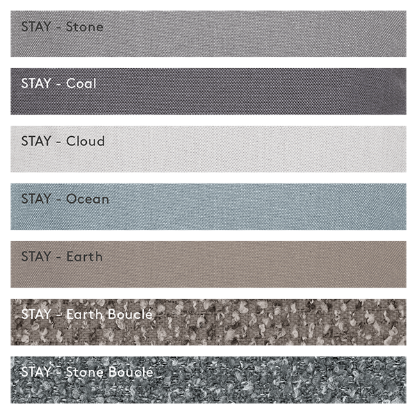 Stoffmuster, die verschiedene Farben und Texturen zeigen, beschriftet als "Stay" Kollektion.