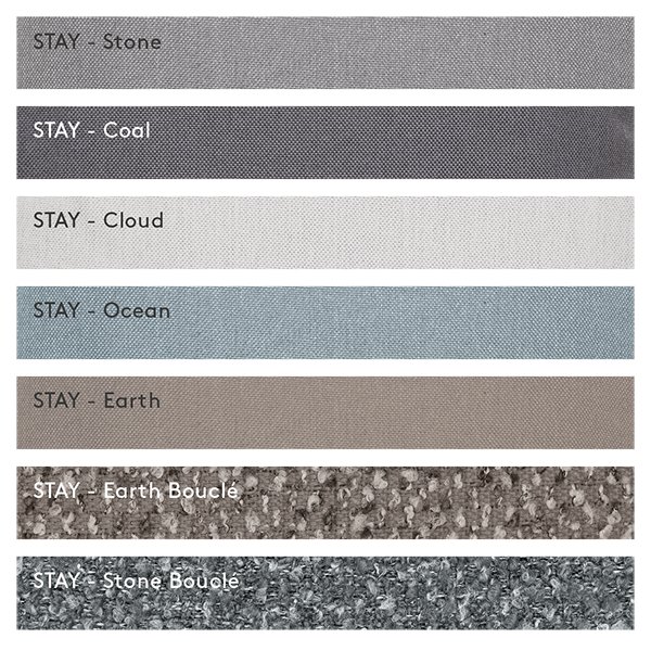 Stoffmuster, die verschiedene Farben und Texturen zeigen, beschriftet als "Stay" Kollektion.