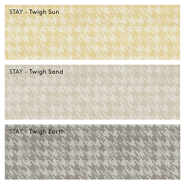 Textured fabric swatches labeled Twigh Sun, Twigh Sand, and Twigh Earth in soft colors.