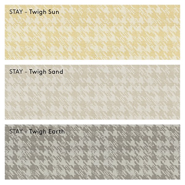 Textured fabric swatches labeled Twigh Sun, Twigh Sand, and Twigh Earth in soft colors.