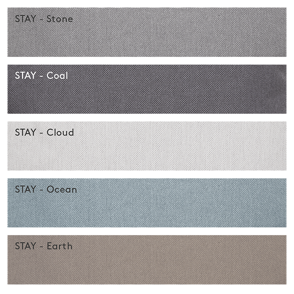 Farbpalette mit Stoffmustern, die mit Stein, Kühl, Wolke, Ozean und Erde beschriftet sind.