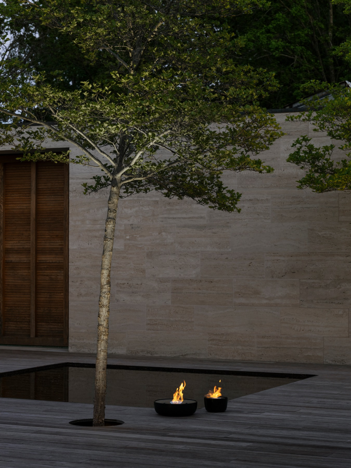 A serene outdoor space featuring a tree, fire bowls, and a reflecting pool.